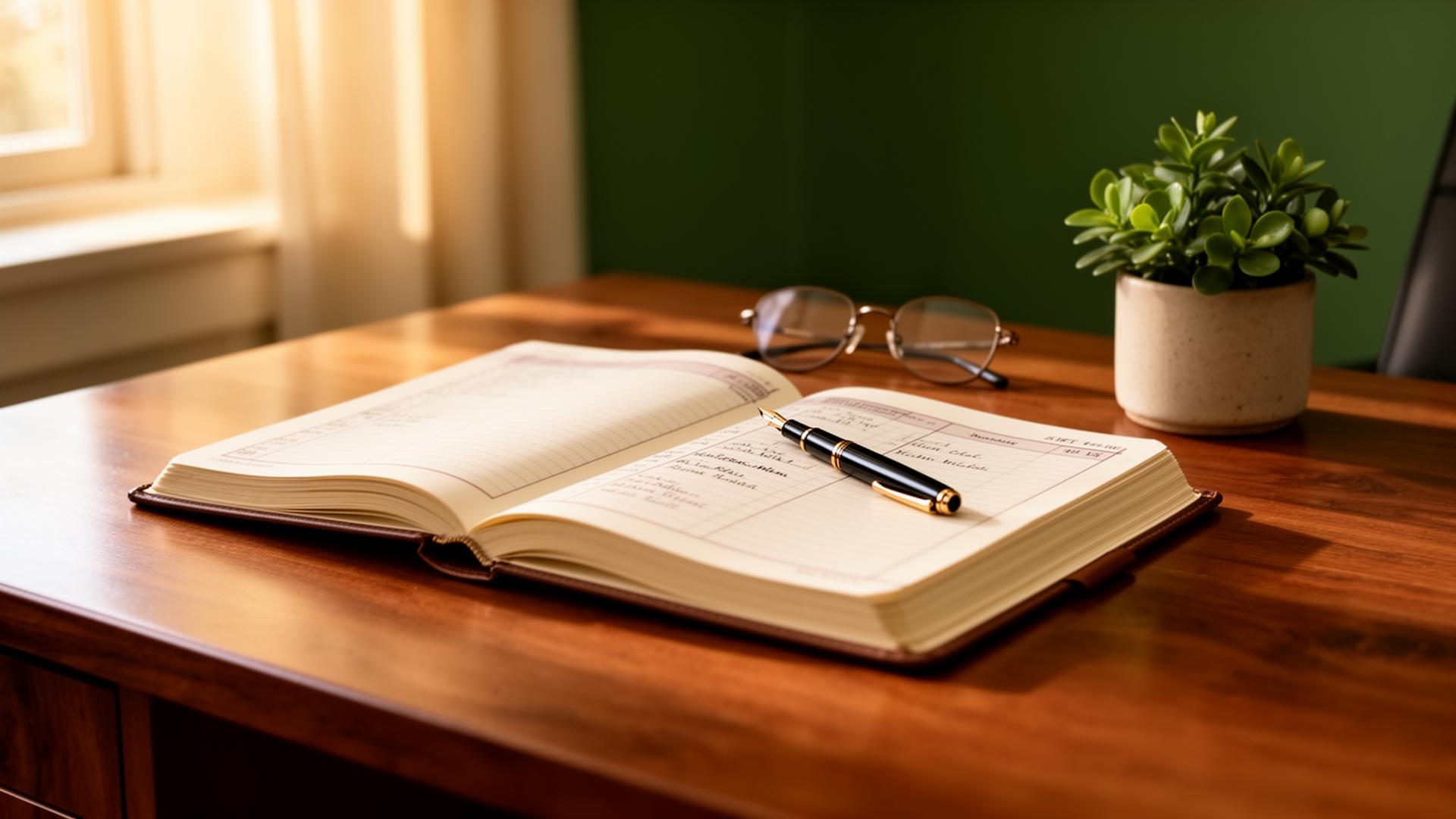 A ledger book and pen on a warmly lit wooden desk